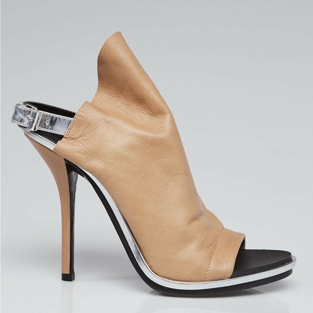 Balenciaga beige and silver leather Glove peep-toe slingback mule sandals 38